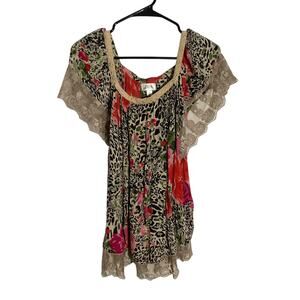 Bila Mixed Media Short Sleeve Cheetah Mobster Women's Lacey Embroidered Blouse